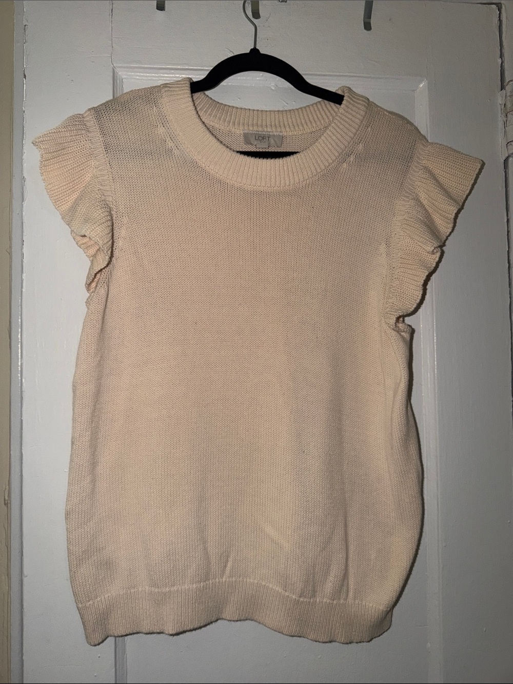LOFT Cream Knit Top with Ruffle Cap Sleeves